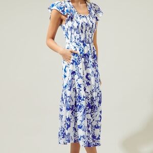 Sugarlips White and Blue Floral Midi Dress